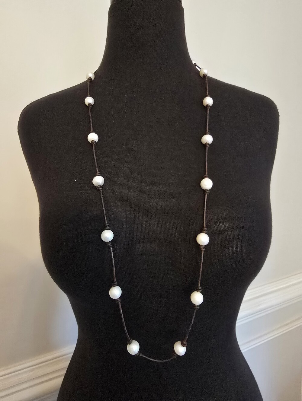 Freshwater Pearl Bead Long Necklace on Brown Waxed Cord